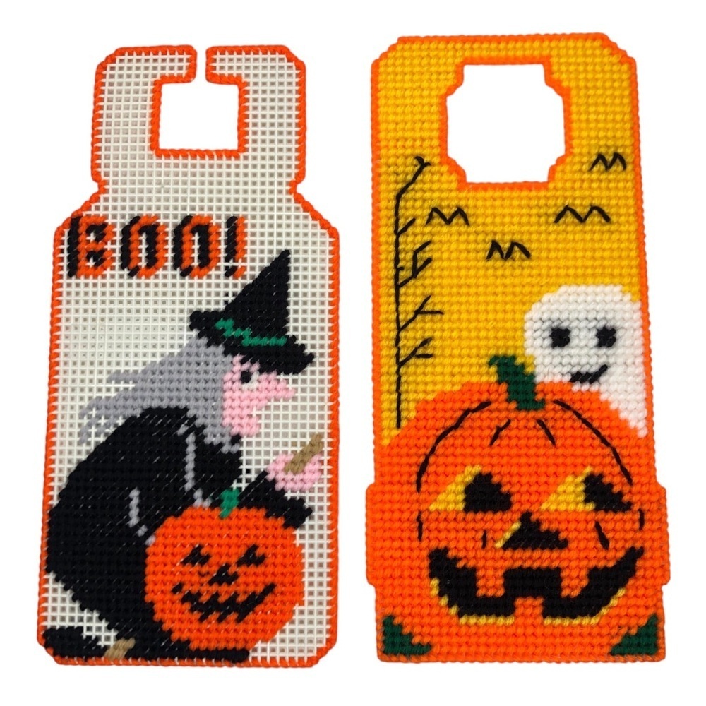VINTAGE Halloween 80s 90s Lot of 2 Needlepoint Door Hanger Witch Pumpkin Ghost - Picture 1 of 7